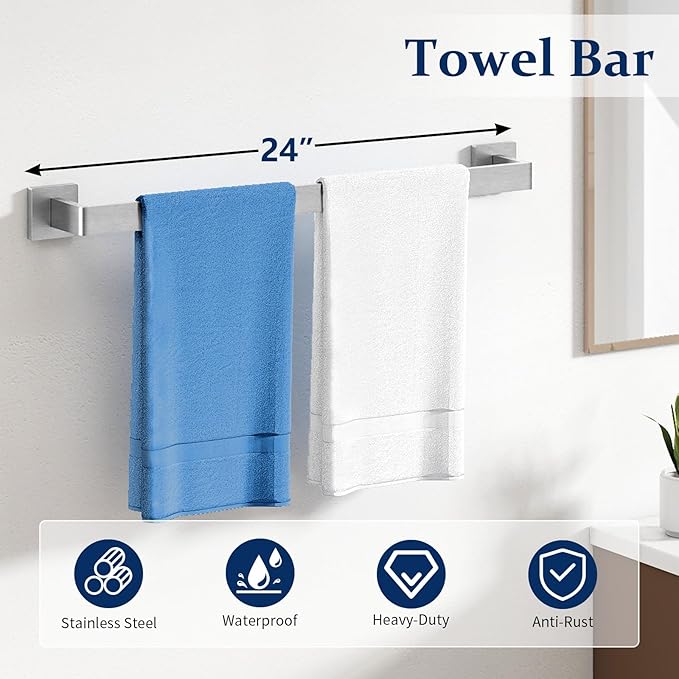 STWWO 20-Pieces Brushed Nickel Bathroom Hardware Set, 24 Inch Bath Towel Bar Set, Stainless Steel Towel Racks for Bathroom Wall Mounted