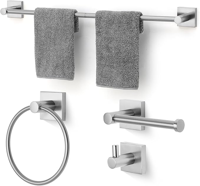 Bathroom Accessories Set Brushed Nickel Towel bar Set, 4 piece Towel Rack Set Towel bar for Bathroom wall Mounted Durable 24 inch Towel bar Robe Hook Towel Ring Toilet Paper Holder