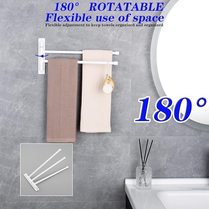 GERZWY Bathroom 2-Arm Swing Arm Towel Bars Wall Mount Stainless Steel Bath Towel Rack Hanger, White