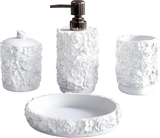 Hymmah Bathroom Accessories Set,Rose Design Bathroom Set,Farmhouse Bathroom Decor,4 Pcs Resin Gift Set Apartment Necessities, Contain Cotton Swab Jar,Soap Dispenser,Soap Dish,Tumbler White