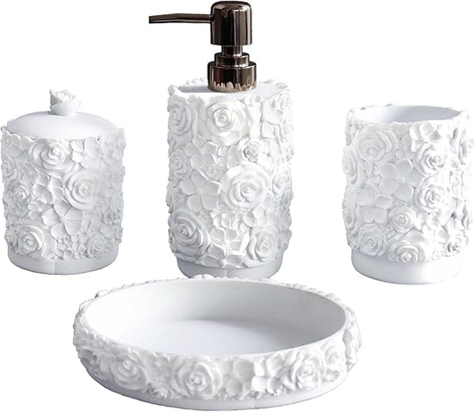 Hymmah Bathroom Accessories Set,Rose Design Bathroom Set,Farmhouse Bathroom Decor,4 Pcs Resin Gift Set Apartment Necessities, Contain Cotton Swab Jar,Soap Dispenser,Soap Dish,Tumbler White