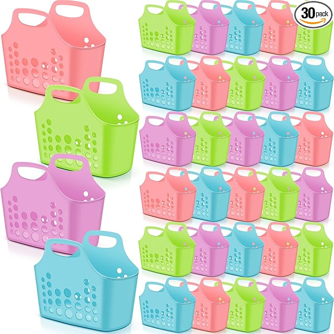 Nuogo 30 Pack Assorted Multicolor Basket with Handles Plastic Oval Carry Totes with Handles Caddy Multipurpose Organizer Reusable for Bathroom Dorm Communal Showers Kitchen School, 10.6" x 6" x 10"