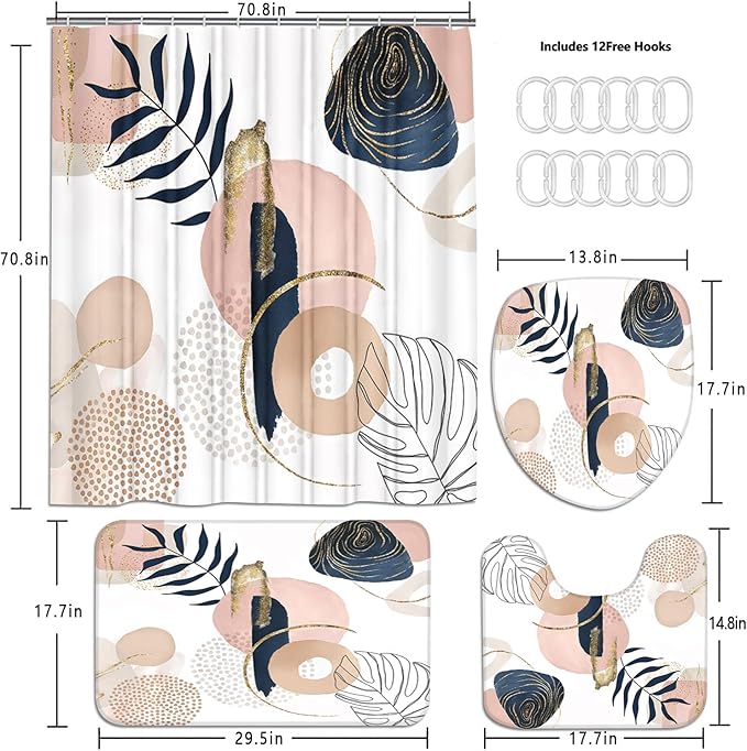 FZDHHY 4PCS Boho Cute Shower Curtains Set Modern Abstract Bathroom Set with Rugs, Minimalist Bathroom Decor Accessories Waterproof for Bathroom with Mat