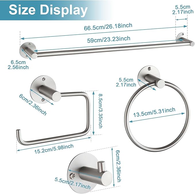 BVL Towel Racks for Bathroom 4 Pieces,Brushed Nickel Stainless Steel Bathroom Accessories Set Wall Mounted Included 24 Inches Towel bar,Towel Holder,Toilet Paper Holder,Robe Hook