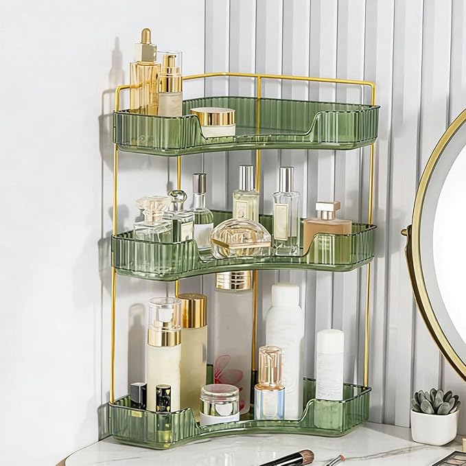 Multi-Tier Corner Countertop Organizer Rack, Makeup Organizers for Vanity, Practical Shelf for Toiletries and Accessories, Corner Counter Storage for Bathroom Dresser (Green-3Tier)