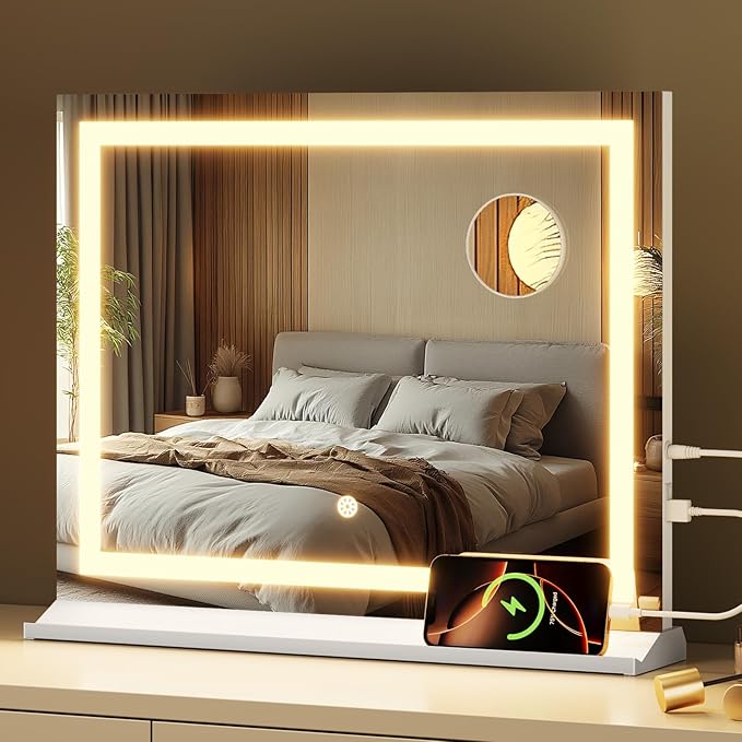 Memobarco Vanity Mirror with Lights, 23"x 18" Makeup Mirror with 3 Color Modes 5X Magnification & USB/Type-C Charging Port, Large LED Mirror for Bedroom Tabletop & Wall Mounted