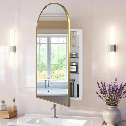 FKWin Arched Gold Bathroom Medicine Cabinet with Mirror, Left or Right Opening, Bathroom Mirror with Storage, Surface Mount Medicine Cabinet not Recessed, Gold, 15.7x31.5 inch