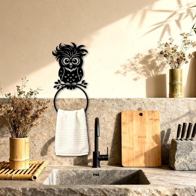 MAYJOYDIY Cute Owl Metal Towel Ring Round Cartoon Bird Hand Towel Holder Animals Ring Hanger Wall Mount Black Vintage Towels Wall Organizer for Kitchen Bath Home Laundry Room Decors Gifts