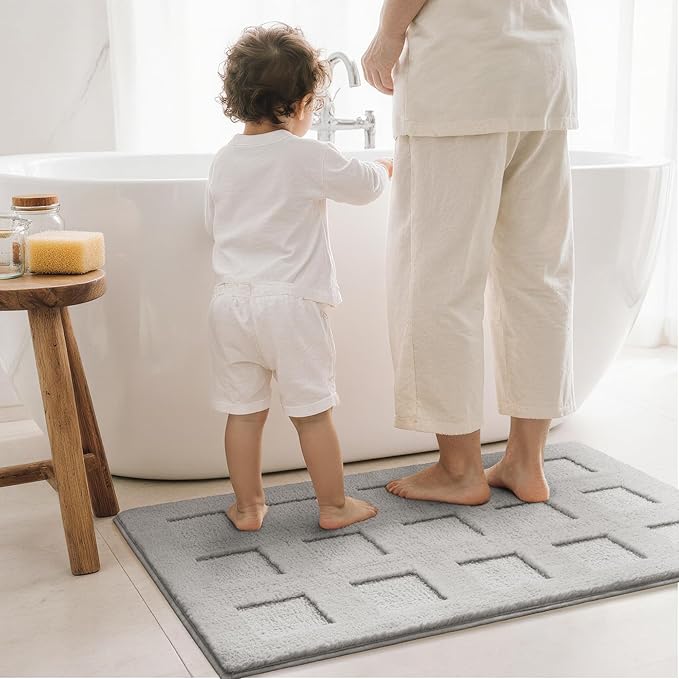 GRANNY SAYS Bathroom Rugs Non Slip Washable, Extra Soft & Water Absorbent Bath Mats for Bathroom, Plush Shaggy Bath Carpet, Grey Waffle Bath Mat Quick Dry for Tub & Shower, 24" x 36"