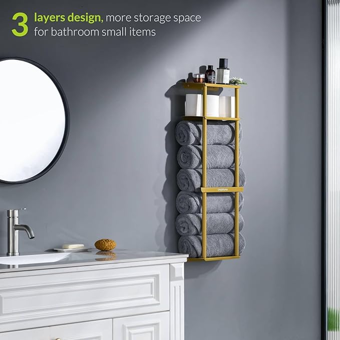 simpletome Towel Racks for Bathroom Storage Shower Organizer 31 inch Wall Mounted with Shelves Can Holds 6 Large Towels Thickened Carbon Steel(Gold)