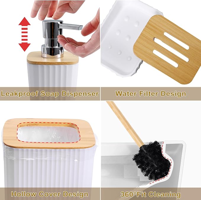 XLHOMO 24Pcs White and Gold Bathroom Set with Shower Curtain and Rug, White Bathroom Sets Complete with Trash Can,Soap Dispenser,Soap Dish,Toilet Brush,Toothbrush Holder and Cup,Tray,Q-Tip Holders