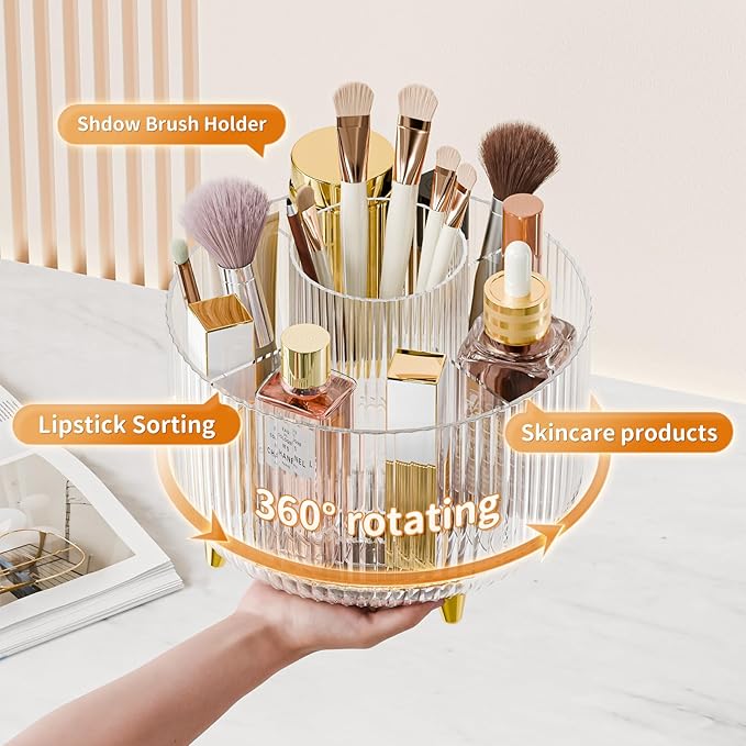 Clear Rotating Makeup Organizer Countertop for Vanity, 360?? Makeup Brush Holder Organizer with 5 Compartments, Transparent Cosmetic Storage for Lipstick, Skincare, Bathroom Counter(Transparent)