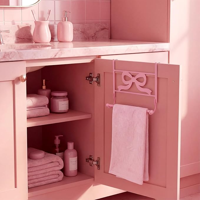 Cabinet Door Towel Holder Pink Bow Over The Cabinet Cupboard Door Towel Rack Metal Decorative Kitchen Dish and Hand Towels Bar Holder Coquettish Preppy Decor for Bathroom Kitchen