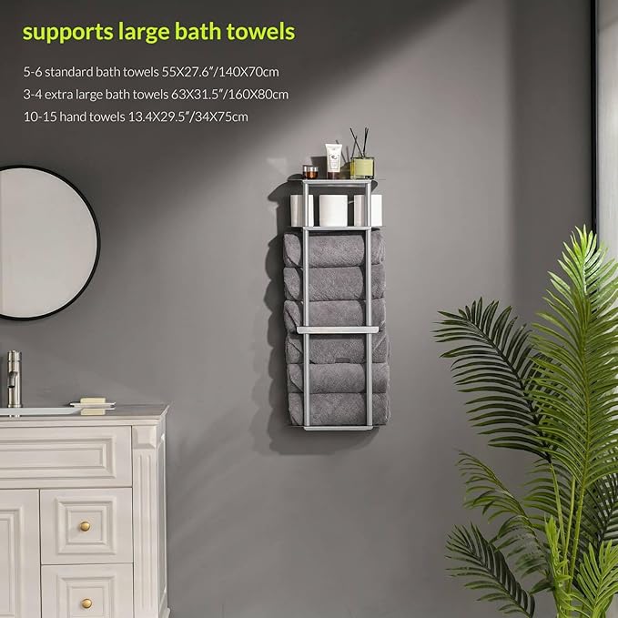 simpletome Towel Racks for Bathroom Storage Shower Organizer 31 inch Wall Mounted with Shelves Can Holds 6 Large Towels Thickened Carbon Steel (Silver Grey)
