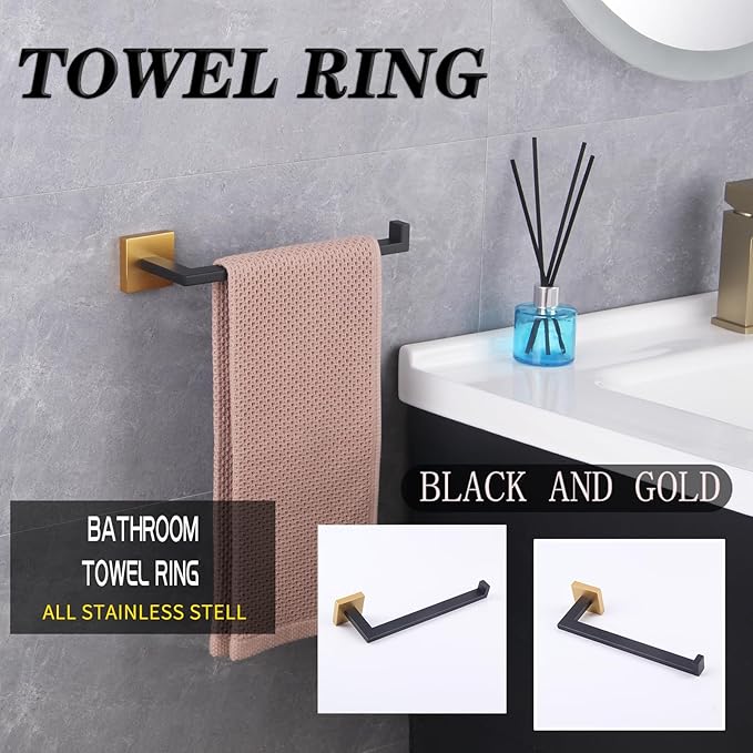 GERZWY Modern Towel Holder Contemporary Style Stainless Steel Towel Hanger Towel Ring for Bathroom Wall Mount (Black & Gold) IG1806-BD