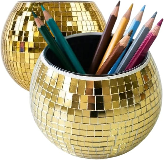 2 Pack Glass Disco Ball Makeup Brush with Smooth Grouting - Premium Mirror Mosaic Pencil Cup for Desk, Cute Pen Holder, Aesthetic Room Decor Gift (gold)
