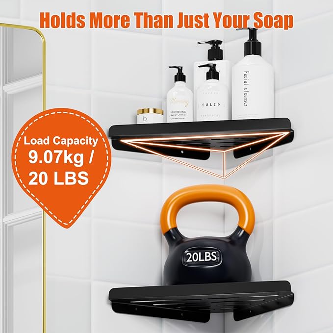 Fikoksol Shower Caddy, 2 Pack Bathroom Corner Shelf, Triangle Shelf Storage for Bathroom Shower, Black Metal Shower Shelf & Rustproof Wall Mounted Adheisve Shower Organizer Accessories and Essentials