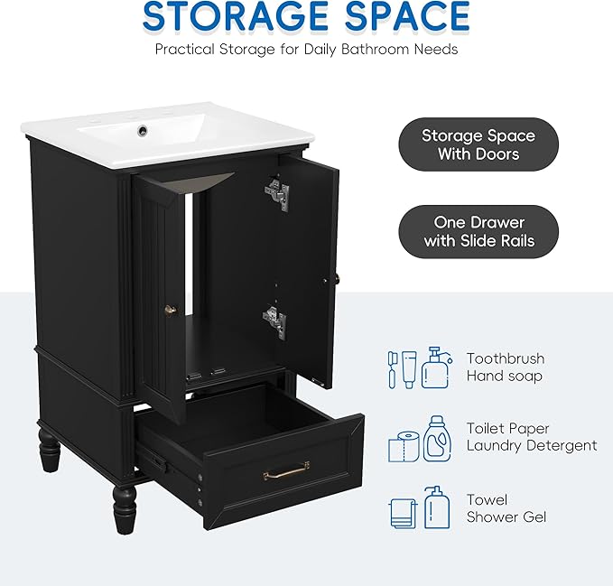 Virubi 20" Small Bathroom Vanity with Sink,Doors and Drawer,Wood Mid-Century Modern Bathroom Sink Cabinets with Adiustable Foot Pads,for Small Space,Freestanding (Black)