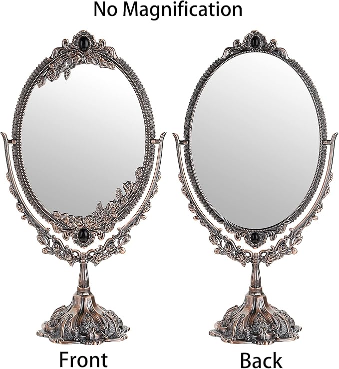 JUXYES Metal Tabletop Antique Decorative Makeup Mirror with Stand, Vintage Swivel Double Sided Cosmetic Mirror with Frame, Retro Desktop Oval Dressing Mirror for Bathroom Bedroom