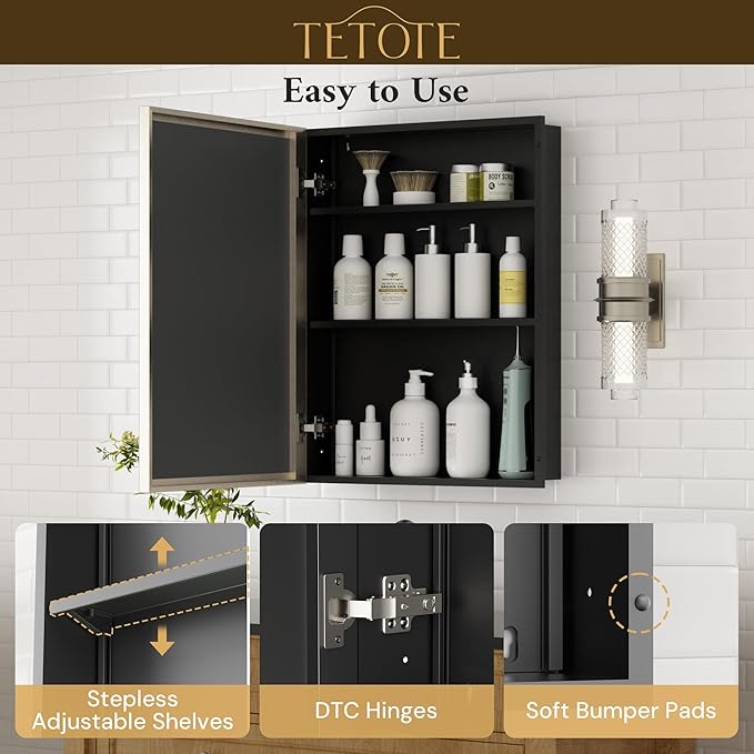 TETOTE 48" x 30" Brushed Nickel Medicine Cabinet Mirror with Storage Shelves Aluminum Alloy Frame with Beveled Edges Recessed or Wall-Mounted Rectangle Medicine Cabinet with Mirror