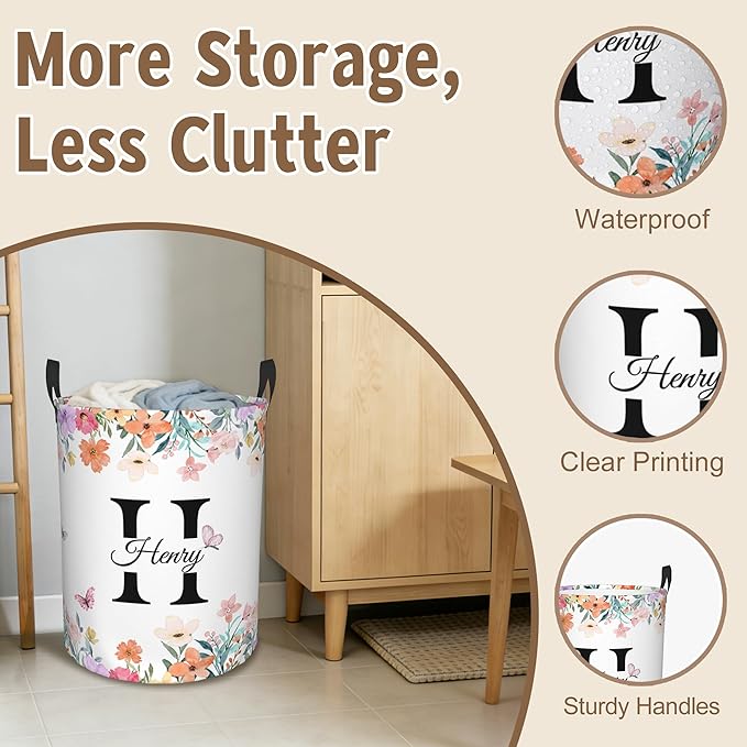 Custom Name Laundry Basket, Personalized Collapsible Laundry Hamper with Name for Bathroom Bedrooms, Customized Dirty Clothes Hamper Storage Basket Gifts for Kids Boys Girls Baby Men Women