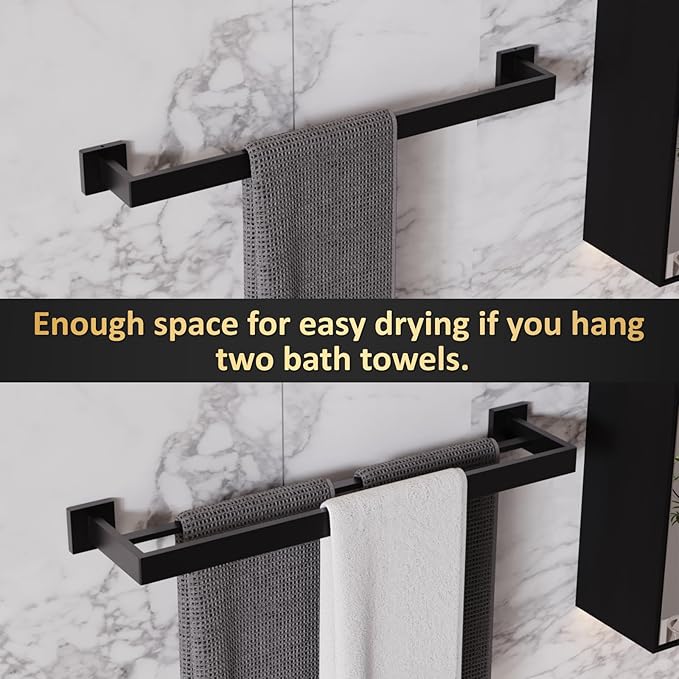 10-Pieces Bathroom Hardware Set,23.6inch Wall Mounted Double Towel Bar Set，Towel Rack&Toilet Paper Holder&Towel Ring and Towel Hook;Bathroom Accessories Set(Matte Black)