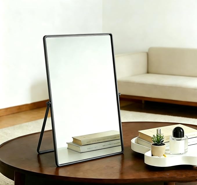 Feyarl Desktop Makeup Vanity Mirror 11.8 x 7.87 Inch Tabletop Mirror 90° Rotation Decorative Standing Cosmetic Mirror for Home Deco Bedroom Bathroom Desk Dresser (Gunmetal Black)
