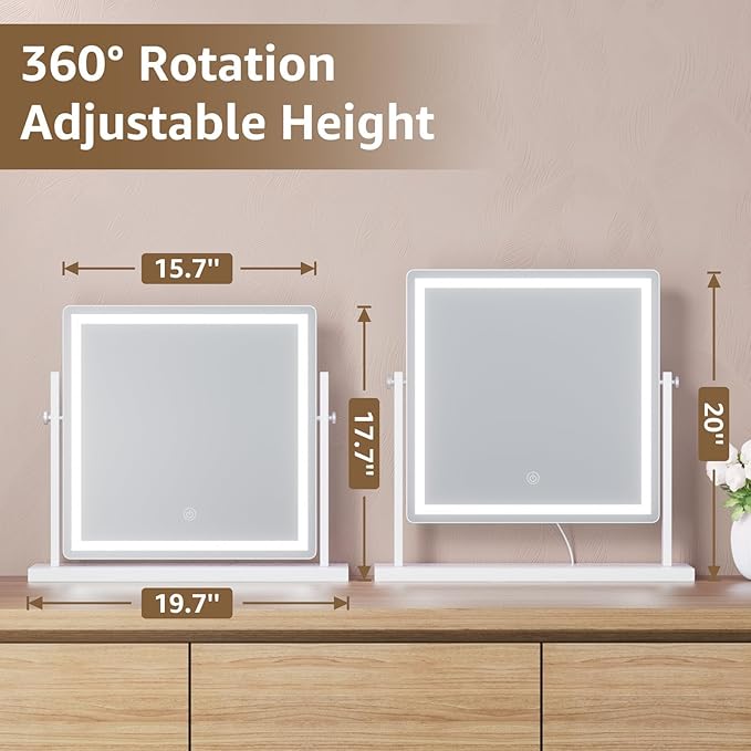 Makeup Vanity Mirror with Lights - 15.7"x15.7" LED Lighted Make Up Mirrors Adjustable Height, Touch Screen with 3-Color Lighting, Dimmable, 360° Rotation, for Dorm Desk Tabletop, Bedroom