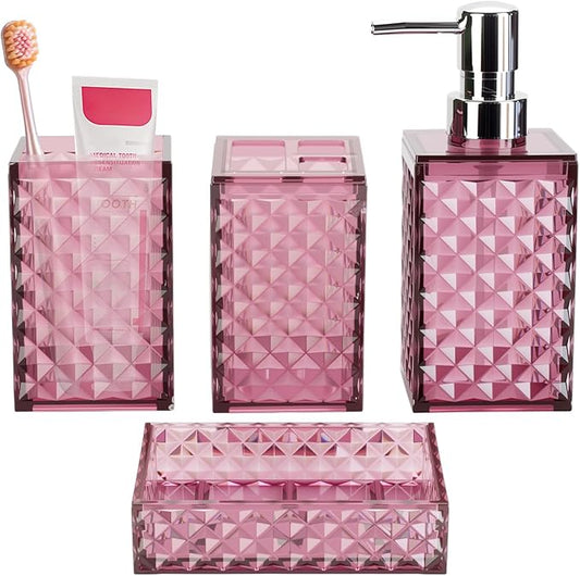 Bathroom Accessory Set, Grid Pattern 4 Pcs Plastic Bathroom Set Include Soap Dispenser, Soap Dish, Toothbrush Holder, Mousewash Cup, Modern Bahtroom D??cor Set(Burgundy)
