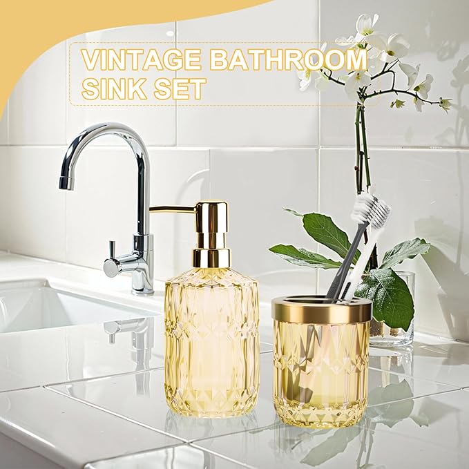 Glass Bathroom Accessories Set, 2PCS Clear Glass Bathroom Accessory, Toothbrush Holder and Soap Dispenser Set for Modern Bathroom Decor(Clear Gold)