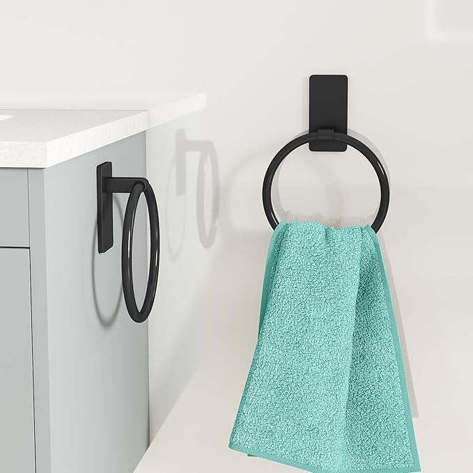 Adhesive Towel Ring, Hand Towel Holder for Bathroom, Adhesive Round Towel Ring for Bath RV, Black