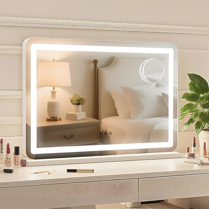GarveeHome 30.15 in x20.19 in Lighted Makeup Mirror，Led Makeup Mirror,Three Color Lighting Modes, and 10X Magnification Mirror, Smart Touch Control,2 in-1 Vanity Mirror Both Tabletop and Wall-Mounted
