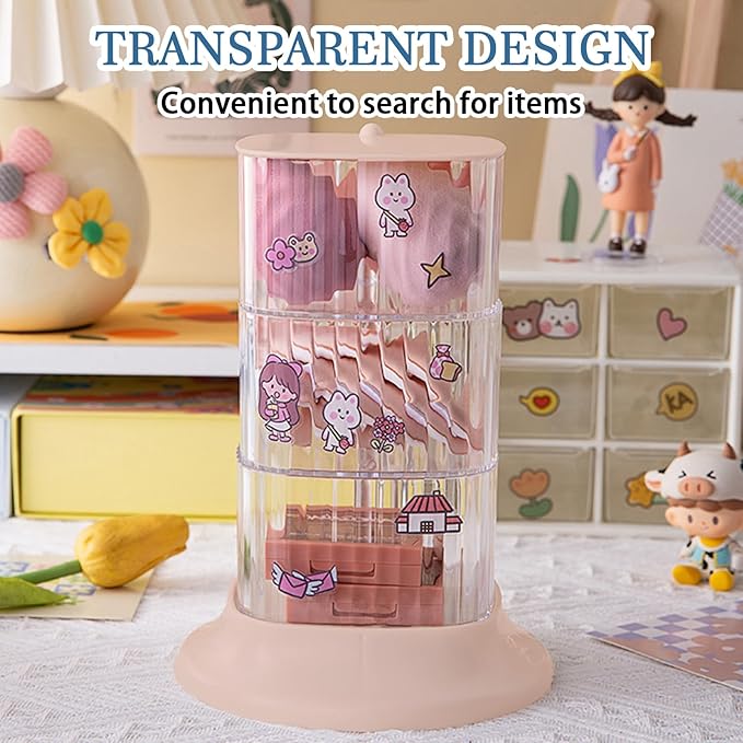 Hair Accessory Organizer, 3-Layer Rotating Clear Hair Tie Organizer for Hair Clips, Headbands, Hair Ties, Earring, Necklace, Ring, Jewelry Boxes & Organizers for Girls & Women (3-Layer???Pink)