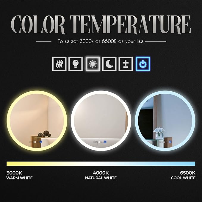 39 Inch Round LED Bathroom Mirror with 3 Color Modes, Touch Dimmer, Anti-Fog - Wall Mount Lighted Vanity Mirror for Makeup, Dressing Room - Fab Glass and Mirror