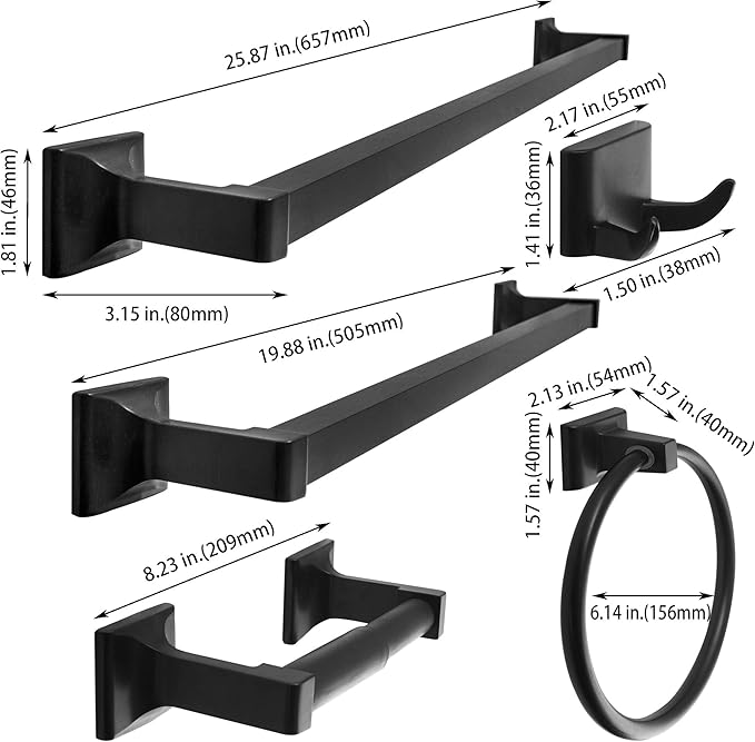 SENTO Cellar Classic Bathroom Accessories Set, Heavy Duty Metal Bath Hardware Set Wall Mounted, Includes Robe Hook, Toilet Paper Holder, Towel Ring, 18” & 24” Towel Bar (5-Piece, Matte Black)