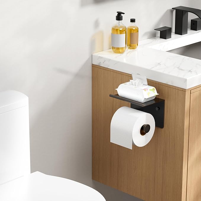 FORIOUS Toilet Paper Holder with Shelf, Adhesive or Screw Wall Mount Toilet Paper Roll Holder for Bathroom, SUS 304 Stainless Steel Commercial Toilet Tissue Holder Dispenser, Oil Rubbed Bronze