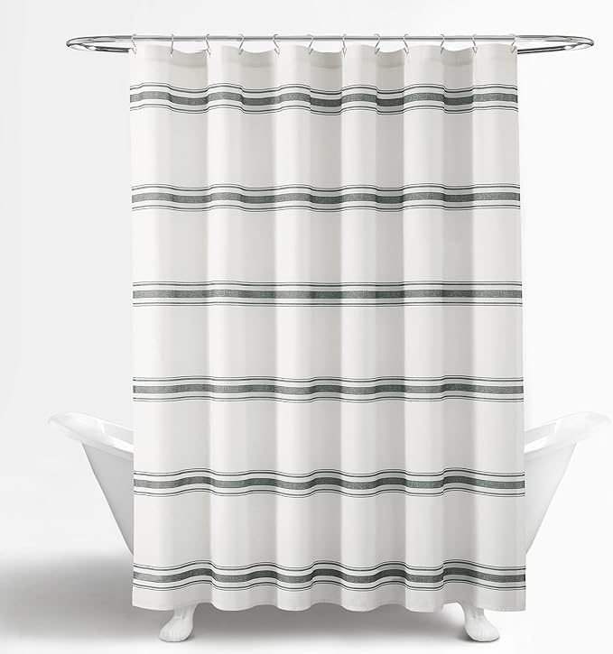 Lush Decor Farmhouse Stripe Cotton Shower Curtain, 72" W x 72" L, Dark Gray - Striped Bathroom Curtain - Fabric Shower Curtains - Farmhouse Bathroom Decor