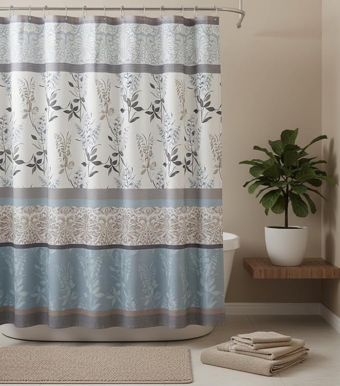 Serafina Home Hotel Quality Fabric Bathroom Shower Curtain: Farmhouse Floral Bordered Damask - Light Blue, Beige, and Grey (72 x 70 inches)