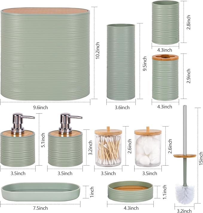 LightGreen Bathroom Set, 25 PCS Bathroom Accessories Set with Shower Curtains, Rugs, Trash Can, Toothbrush Holder, Soap Dispensers, Toothbrush Cup, Vanity Tray, Soap Dish, Toilet Brush, Qtip Holders
