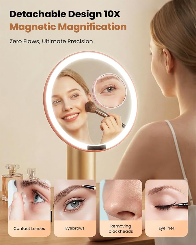 SJZX Lighted Makeup Mirror with Travel Case & 10X Magnification, Rechargeable Vanity Mirror with Lights, 3CCT Lighting, Portable Detachable Stand for Tabletop & Travel, Gifts for Women Wife Girlfiend
