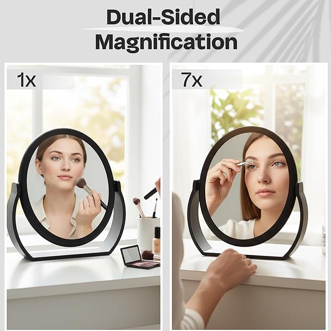 Danielle Creations Oval Soft Touch Vanity Mirror, Black, 1x/7x Magnification Makeup Mirror with Stand, Tabletop & Desk Mirror for Bathroom, Bedroom, Portable Beauty Use