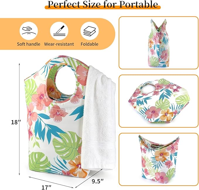 Large Capacity 47L Laundry Hamper, Foldable Waterproof Storage Basket with Soft Handle, Portable Collapsible Laundry Bag for Home Dorm Camping and Car Use
