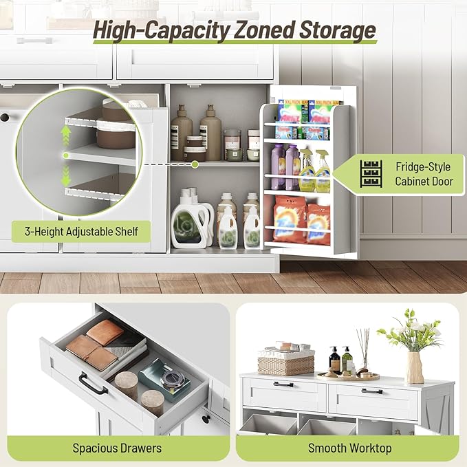 Double Tilt Out Laundry Hamper Cabinet, 43.3" Laundry Cabinet with 2 Removable Baskets, Farmhouse Wooden Hidden Trash Bin Cabinet with Open Shelving, for Bathroom, White