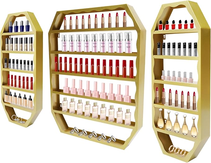 Metal Wall Mounted Nail Polish Storage Racks 3 Pcs, Cosmetic Multi-Tiers Display Case, Lipstick Perfume Essential Oil Organizer Octagonal Floating Shelf for Home Spa Nail Salon Shop (Gold)