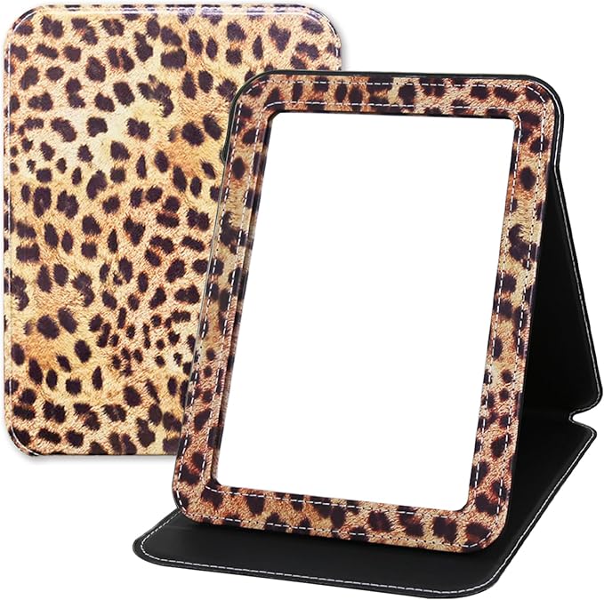 Foldable Travel Makeup Mirror, Portable PU Leather Standing Desk Mirror Rounded Corner, Large Folding Desktop Vanity Mirror with Adjustable Stand for Vanity Table, Office, Camping Leopard Print