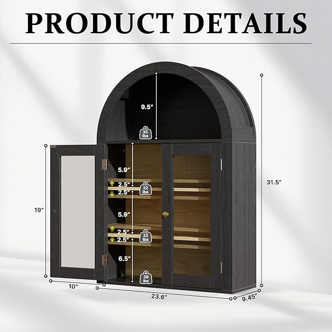 BREEZEHEAT Arched Medicine Cabinet with Glass Doors, Adjustable Shelf, Wall Mounted Bathroom Storage Cabinet Over Toilet, Black Wood Grain, 23.6''W × 31.5''H