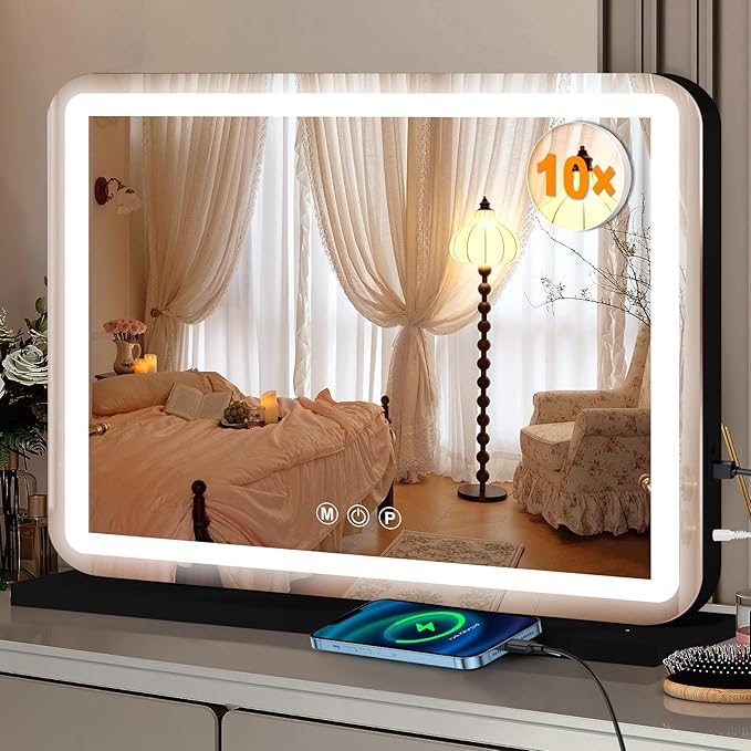 Ratsamee 23"x18" Black Vanity Mirror with Lights, Led Makeup Mirror, Lighted Makeup Mirror with 3 Color Dimmable Lights, Smart Touch Screen Control, Aluminum Metal Frame,USB Charging Port