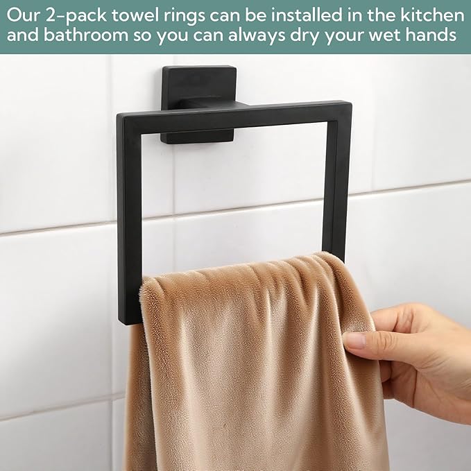 2 Pack Square Towel Ring,Hand Towel Holder for Bathroom,SUS304 Stainless Steel Towel Ring Wall Mounted,Suitable for Bathroom, Toilet, Bedroom,Towel Rings for Bathroom Wall(Black)