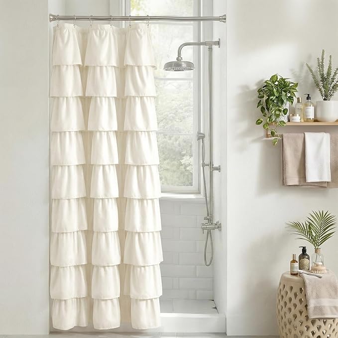Seasonwood Small Ruffle Shower Curtain Cream Farmhouse Vintage Handcrafted Rustic Decorative Fabric Shower Curtains for Bathroom, 36" x 72"