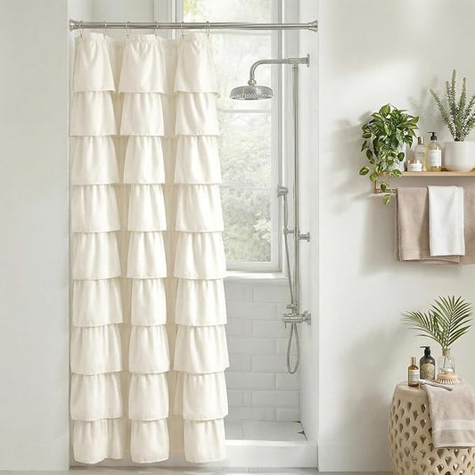 Seasonwood Small Ruffle Shower Curtain Cream Farmhouse Vintage Handcrafted Rustic Decorative Fabric Shower Curtains for Bathroom, 36" x 72"